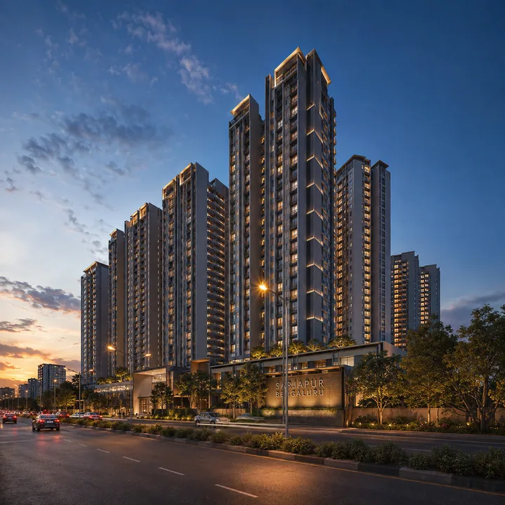 DNR Sarjapur Road high-rise cluster at dusk seen from the Sarjapur Main Road frontage