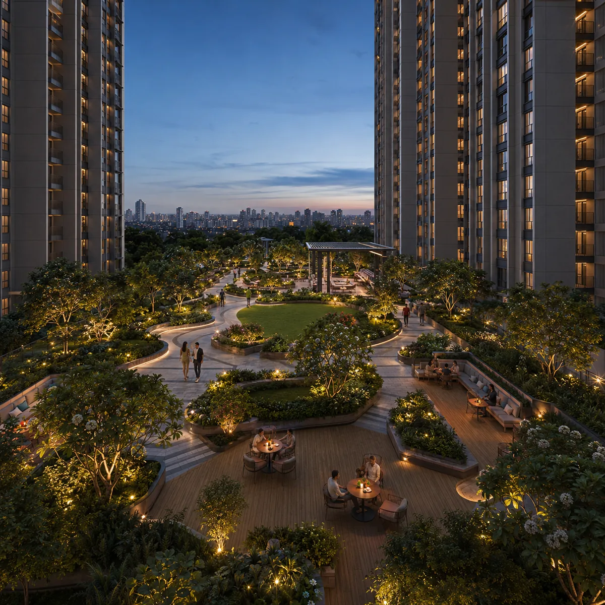 DNR Sarjapur Road landscaped podium deck running between the tower bases