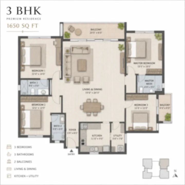 DNR Sarjapur Road 3 BHK 1,650 sq ft floor plan DNR Sarjapur Road 3 BHK 1,650 sq ft floor plan