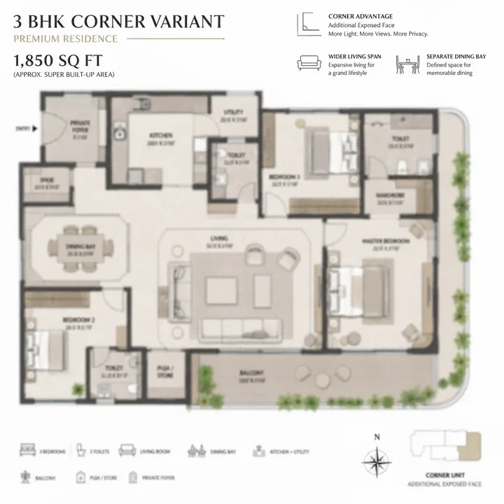 DNR Sarjapur Road 3 BHK corner variant 1,850 sq ft floor plan DNR Sarjapur Road 3 BHK corner variant 1,850 sq ft floor plan